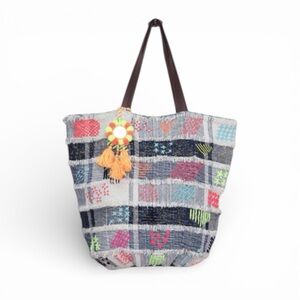 Colorful Mixed Denim Patchwork Bucket Bag With Embroidery & Fringe Tassel NWT